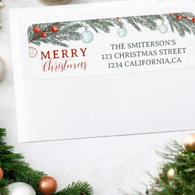 Festive Evergreen Red Berries Watercolor Christmas (Festive Evergreen Red Berries Watercolor Christmas Label)