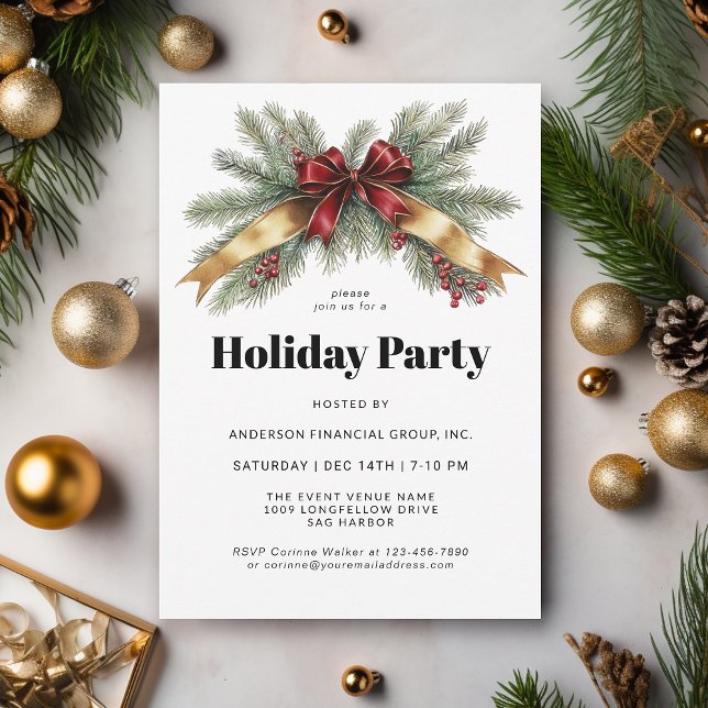 Festive Evergreens Corporate Holiday Party Invitation (Available in both printed and instant download digital formats.)