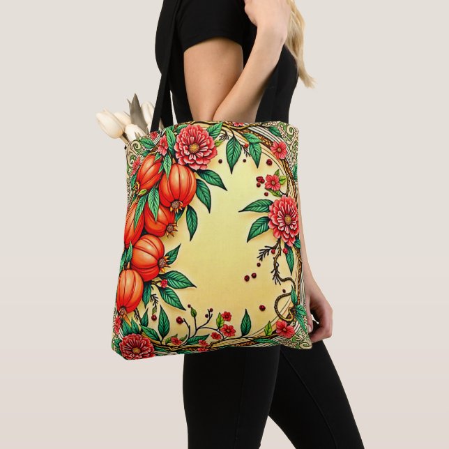 Festive Fall Floral Illustration Design Tote Bag (Close Up)