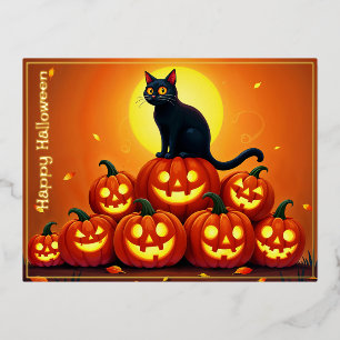 Festive fall Halloween art black feline friend Foil Holiday Postcard