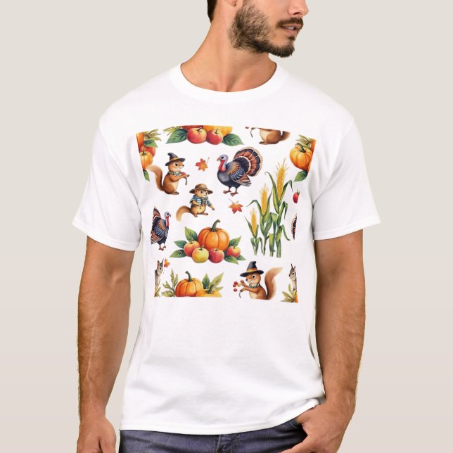 Festive Fall Harvest Watercolor Pattern Classic T- T-Shirt (Front)