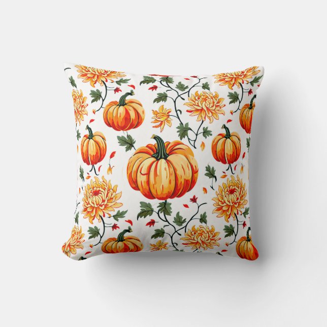 Festive Fall Pumpkins and Chrysanthemums Cushion (Front)
