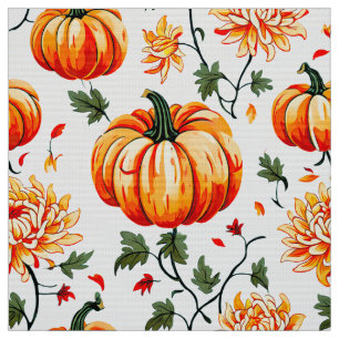 Festive Fall Pumpkins and Chrysanthemums Fabric