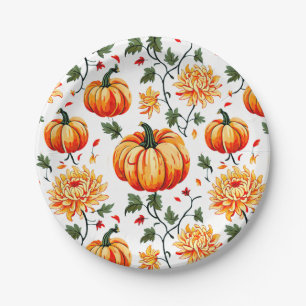 Festive Fall Pumpkins and Chrysanthemums Paper Plate