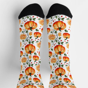 Festive Fall Pumpkins and Chrysanthemums Socks