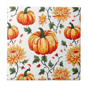 Festive Fall Pumpkins and Chrysanthemums Tile