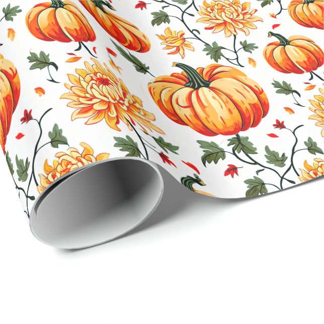 Festive Fall Pumpkins and Chrysanthemums Wrapping Paper (Roll Corner)