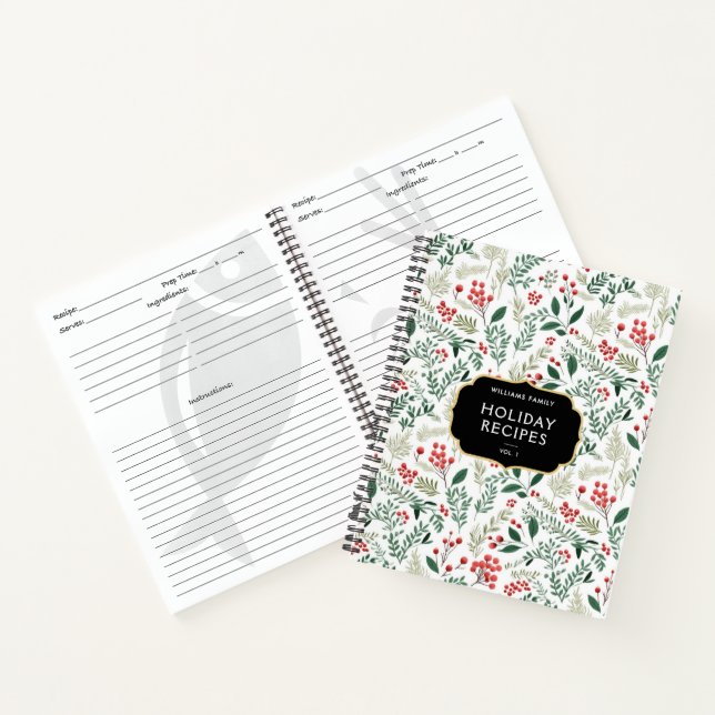 Festive Family Name Holly Berries Holiday Recipes Notebook (Inside)