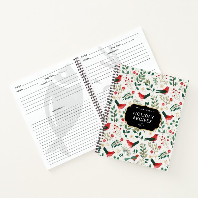 Festive Family Name Holly Birds Holiday Recipes Notebook (Inside)
