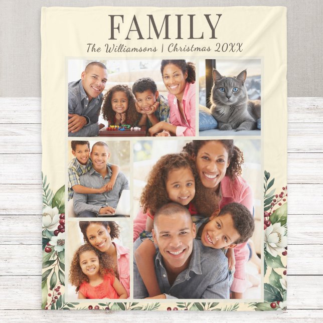 Festive Family Photo Collage Cream Christmas Fleece Blanket (A festive Christmas blanket personalized with 5 photos, family name and the year)