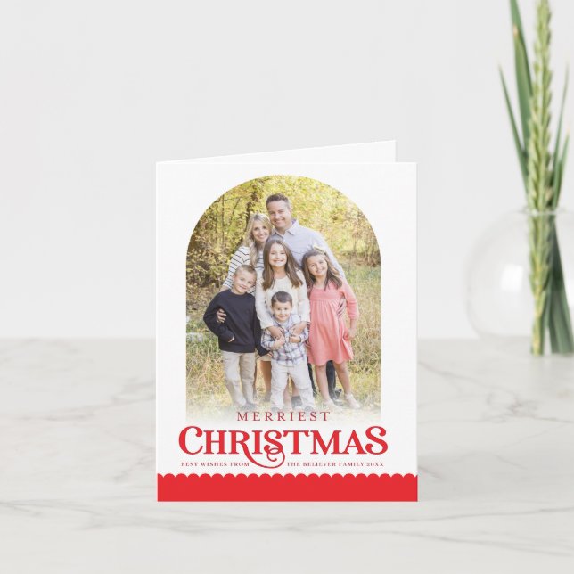 FESTIVE FAMILY PHOTO minimal modern arch red Holiday Card (Front)