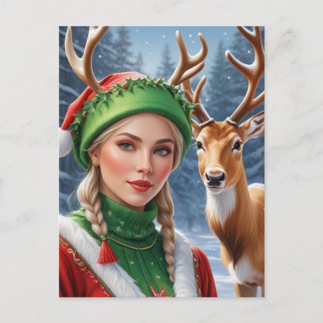 Festive Fantasy blonde woman and deer Christmas Postcard (Front)
