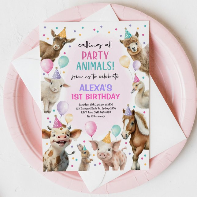 Festive Farm Barnyard Party Animals Girls Birthday Invitation (Creator Uploaded)