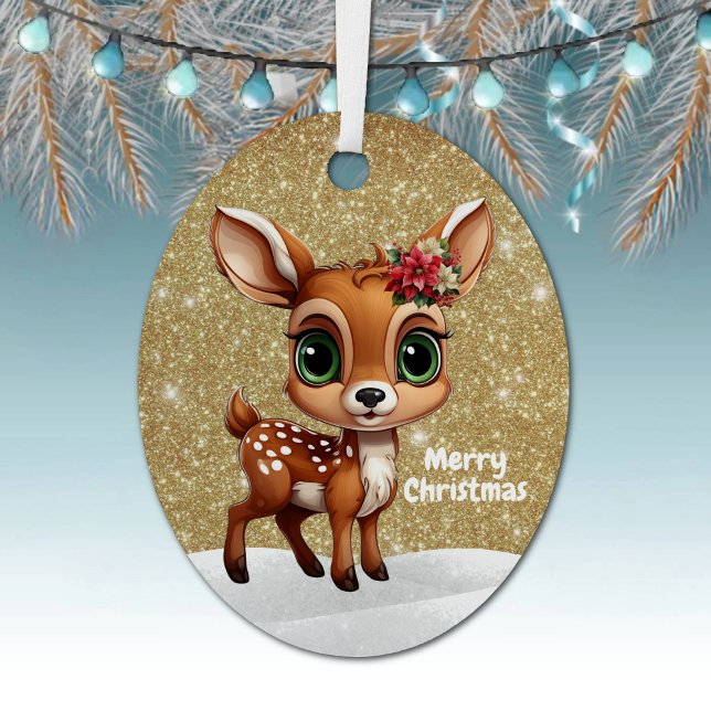 Festive Fawn Golden Sparkle Xmas Holiday Decor🎄🦌 Metal Tree Decoration (Custom Xmas fawn gold sparkle holiday decor editable doe keepsake golden glitter decoration 🦌🎄)