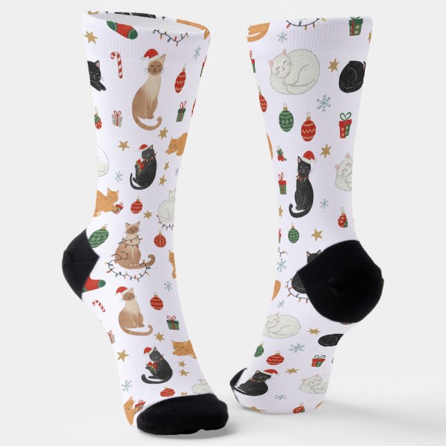 Festive Feline Christmas Holiday Pattern Socks (Angled)