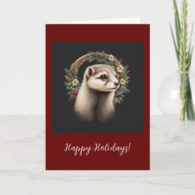 Festive Ferret Pet Folded Holiday / Christmas Card (Front)