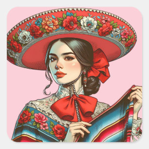 Festive Fiesta Mujer Mariachi Party Favour Square Sticker