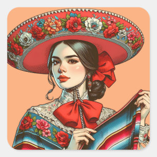 Festive Fiesta Mujer Mariachi Party Favour Square Sticker