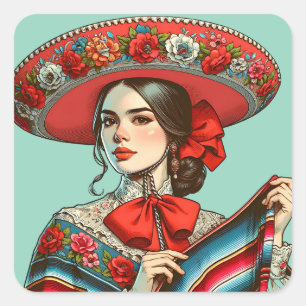 Festive Fiesta Mujer Mariachi Party Favour Square Sticker