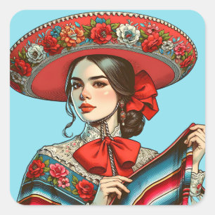 Festive Fiesta Mujer Mariachi Party Favour Square Sticker