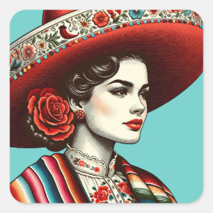 Festive Fiesta Vintage Mexican Woman Party Favor Square Sticker