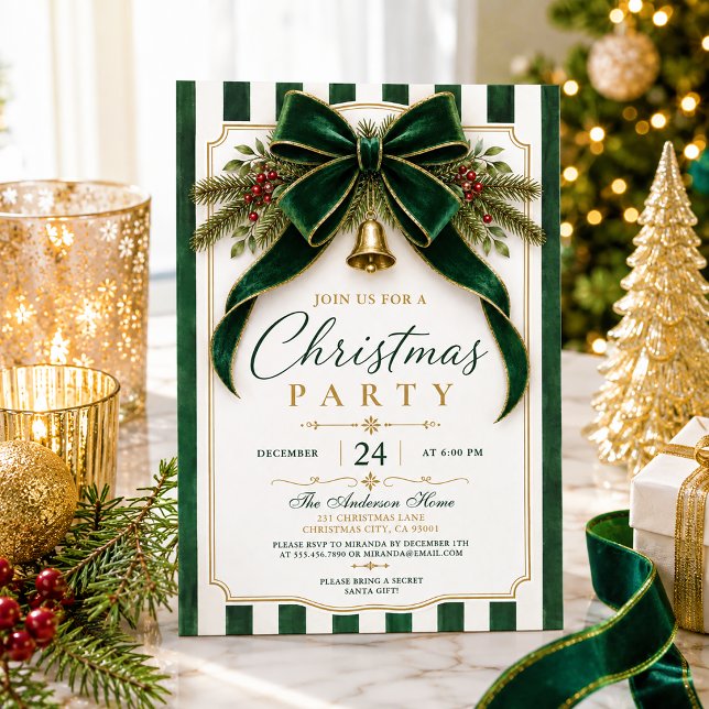 Festive Fir Branches Green Bow Gold Bell Christmas Invitation (Creator Uploaded)