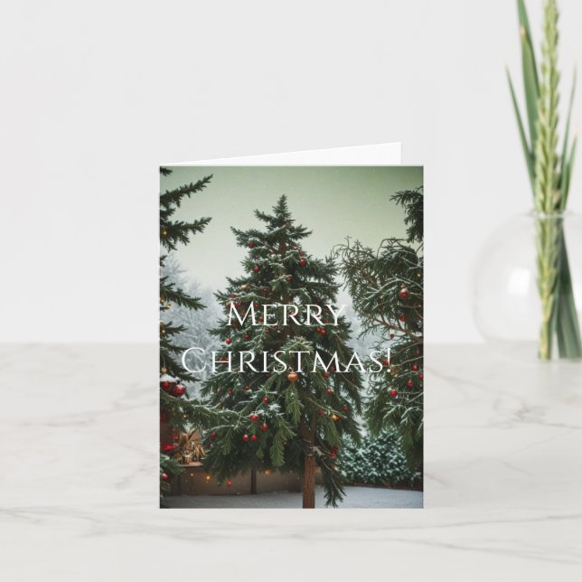 Festive fir trees decorated with garlands  holiday card (Front)