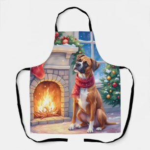 Festive Fireplace Boxer Christmas Art Apron