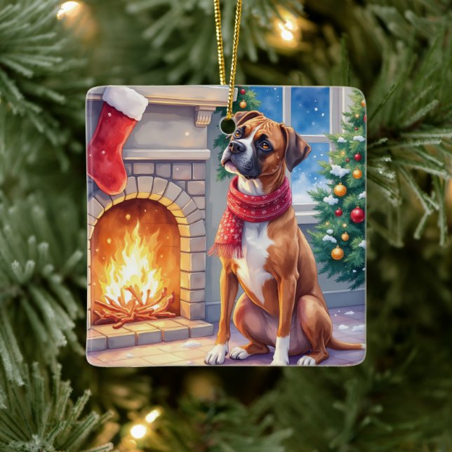 Festive Fireplace Boxer Christmas Art Ceramic Ornament (Tree)