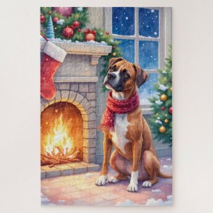 Festive Fireplace Boxer Christmas Art Jigsaw Puzzle