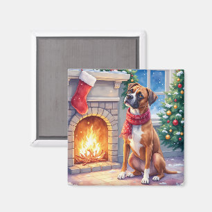 Festive Fireplace Boxer Christmas Art Magnet