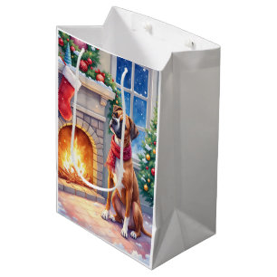 Festive Fireplace Boxer Christmas Art Medium Gift Bag