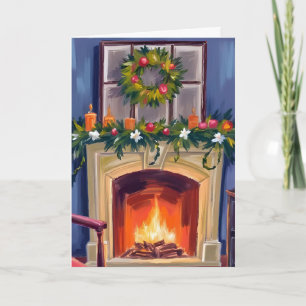Festive Fireplace Christmas Wreath Watercolor Holiday Card