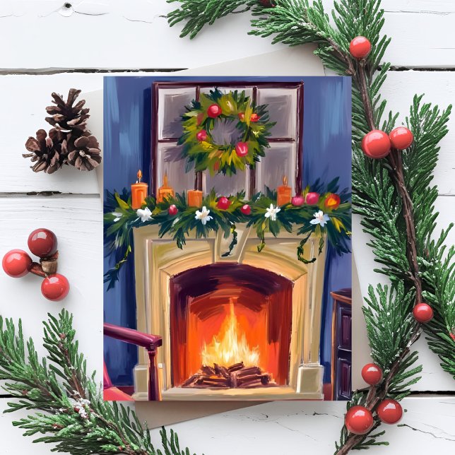 Festive Fireplace Christmas Wreath Watercolor Holiday Card (Creator Uploaded)