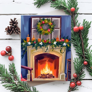 Festive Fireplace Christmas Wreath Watercolor Holiday Postcard