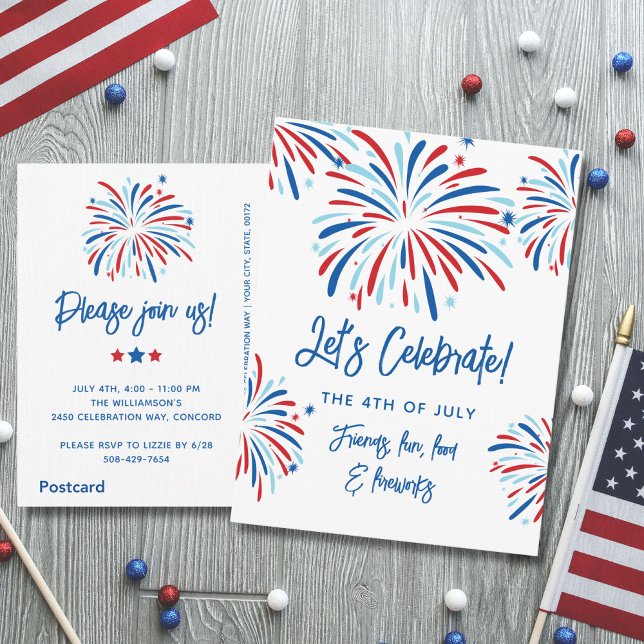 Festive Fireworks 4th of July Party Invitation Postcard (Creator Uploaded)