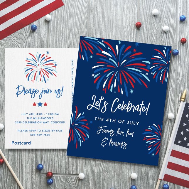 Festive Fireworks 4th of July Party Invitation Postcard (Creator Uploaded)