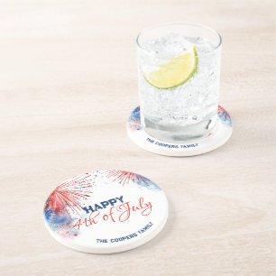 Festive Fireworks Happy 4th of July Custom Name Coaster