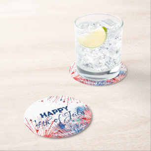 Festive Fireworks Happy 4th of July Custom Text Round Paper Coaster