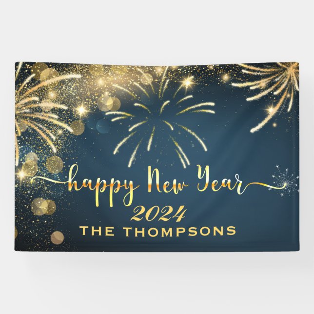 Festive Fireworks Happy New Year Blue and Gold Banner (Horizontal)