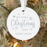 Festive First Christmas Photo Ornament<br><div class="desc">Festive Dusty Blue Typography,  My First Christmas,  photo ornament. Features,  template text lines for name and year with single photo backing.</div>