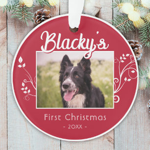 Festive First Christmas Puppy Foliage Red Photo Ornament