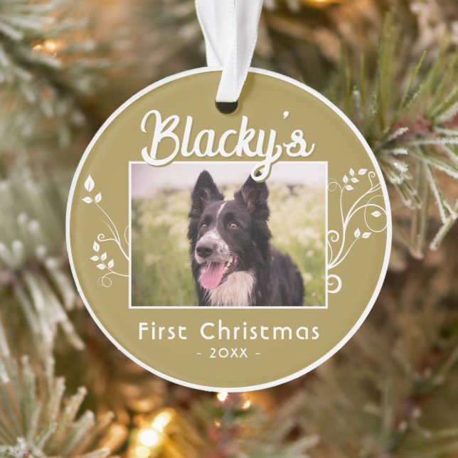 Festive First Christmas Puppy Name Foliage Photo   Ornament (Tree)