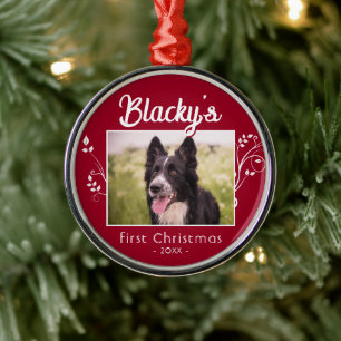 Festive First Christmas Puppy Photo Foliage Red Metal Tree Decoration