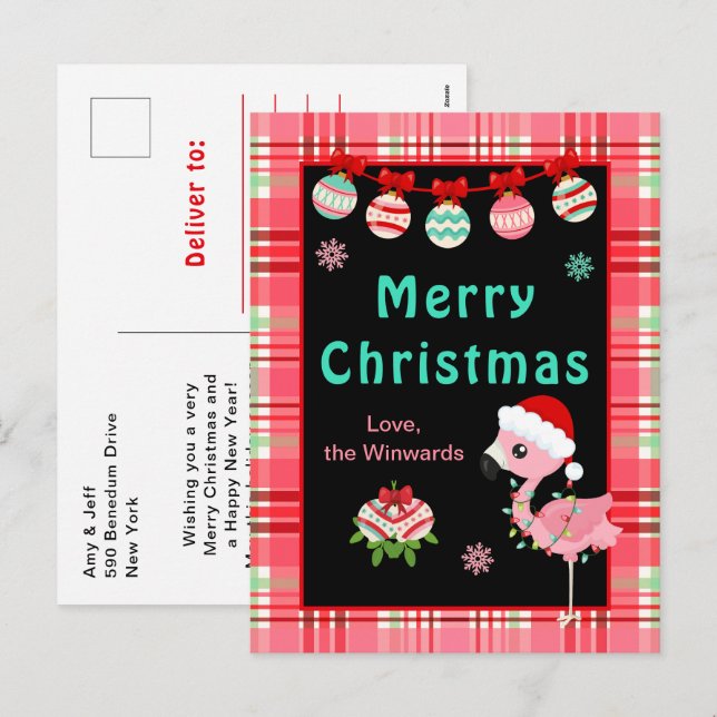 Festive Flamingo Merry Christmas Holiday Postcard (Front/Back)