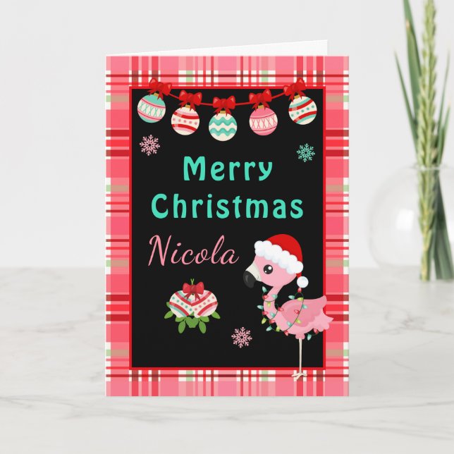 Festive Flamingo Merry Christmas with Name Holiday Card (Front)