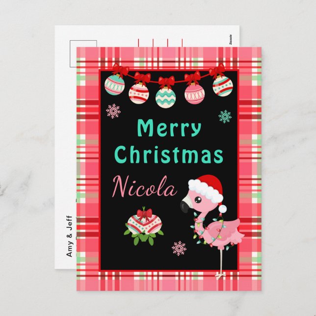 Festive Flamingo Merry Christmas with Name Holiday Postcard (Front/Back)