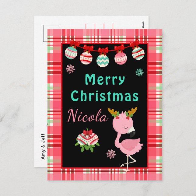 Festive Flamingo Merry Christmas with Name Holiday Postcard (Front/Back)