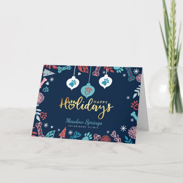 Festive Floral & Foliage Pet Paw Print Ornament Holiday Card (Front)