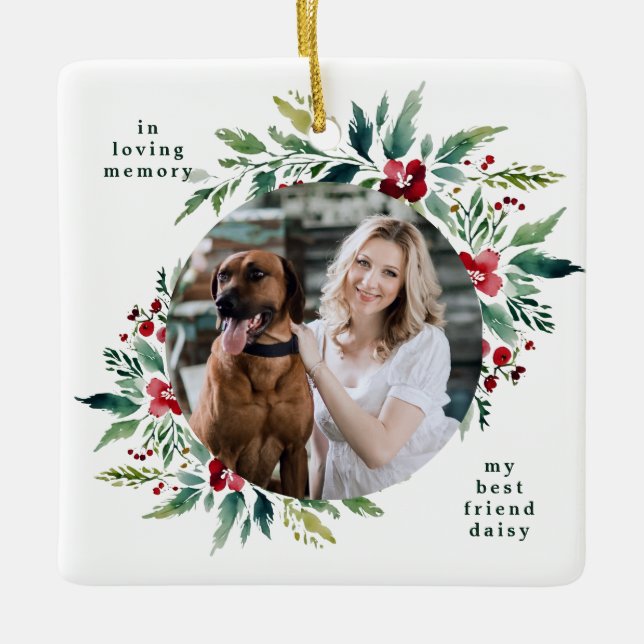 festive floral modern merry christmas photo ceramic ornament (Front)
